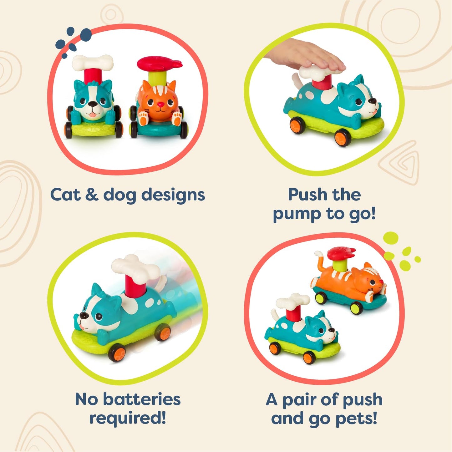 B. toys Push & Go Toy Cars, PawMobiles Cat & Dog Toddler Toy Cars, Activity