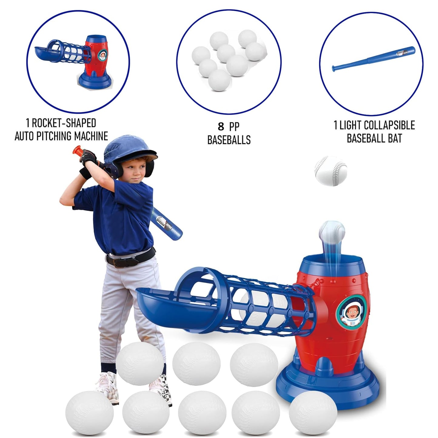 SunwyxTek Automatic Baseball Pitching Machine with 8 Balls, T Ball Set for Toddlers 3-5 5-8 Years, Tee Ball Set Tee Pitcher Gift for Kids 3-12