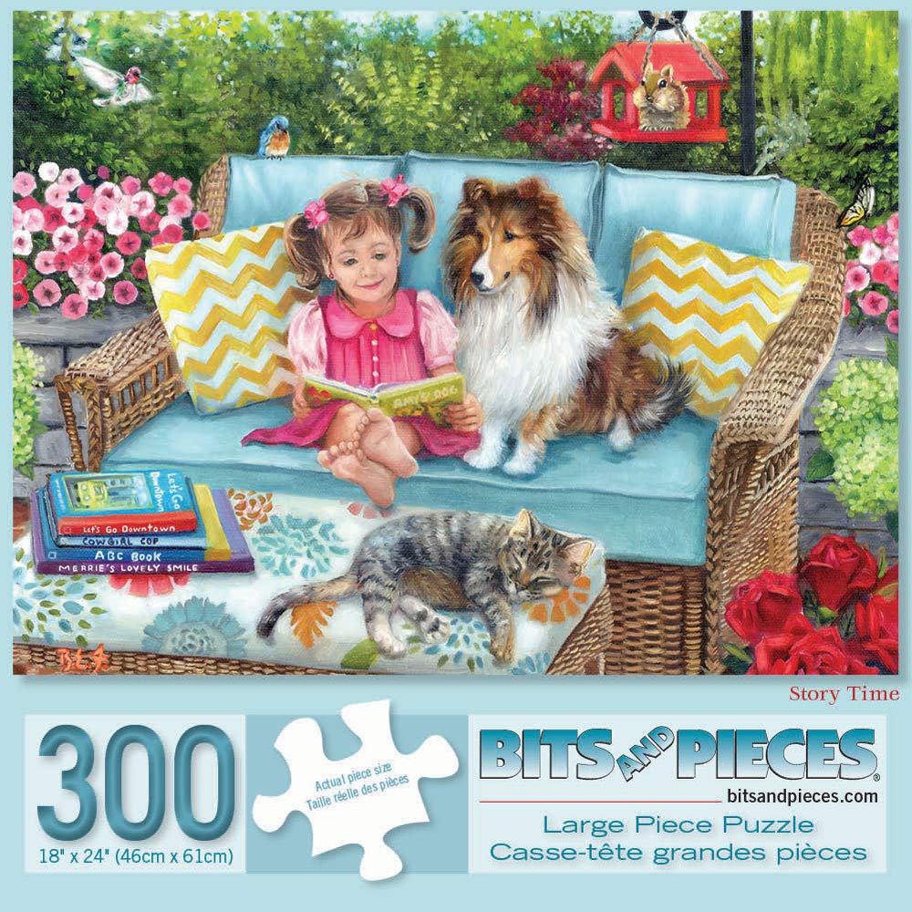 Bits and Pieces - 300 Piece Jigsaw Puzzle for Adults - Story Time - Dog and Cat on The Patio Wicker Furniture Girl Book Jigsaw Puzzle by Artist Brooke