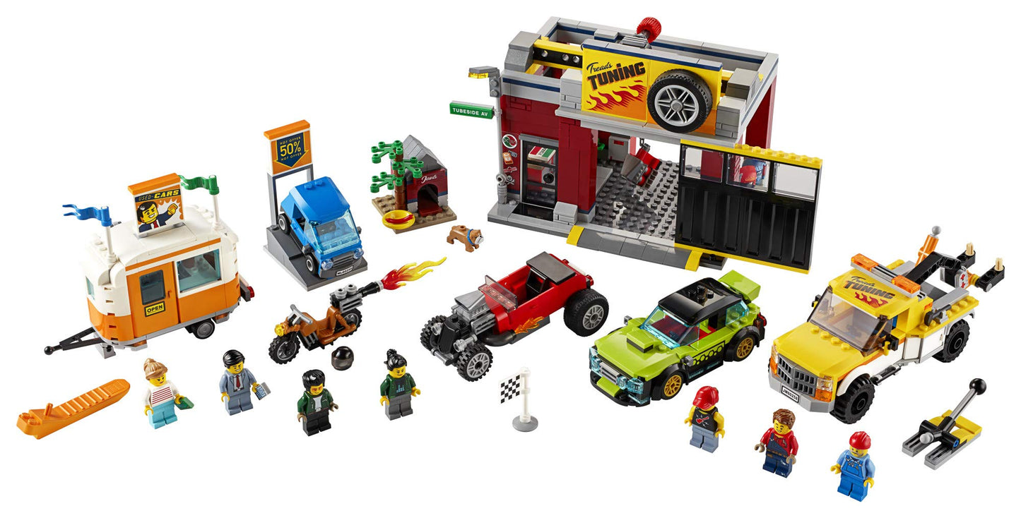 LEGO City Tuning Workshop 60258, Features a Toy Garage, Car Shop, Camping Trailer, Motorcycle, Crane and Tow Truck in One Fun Playset, Makes a Great