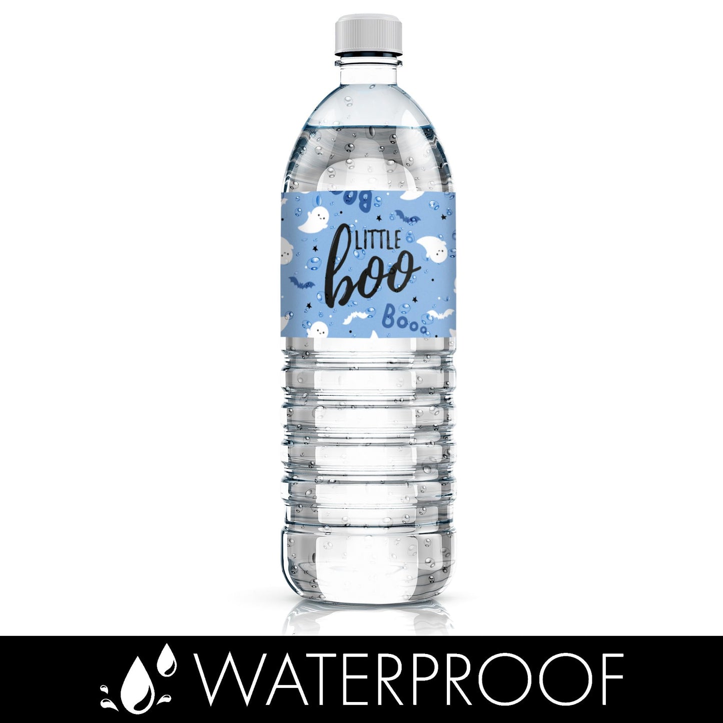 Blue Little Boo Ghost Boy Baby Shower Water Bottle Labels, 20 Count