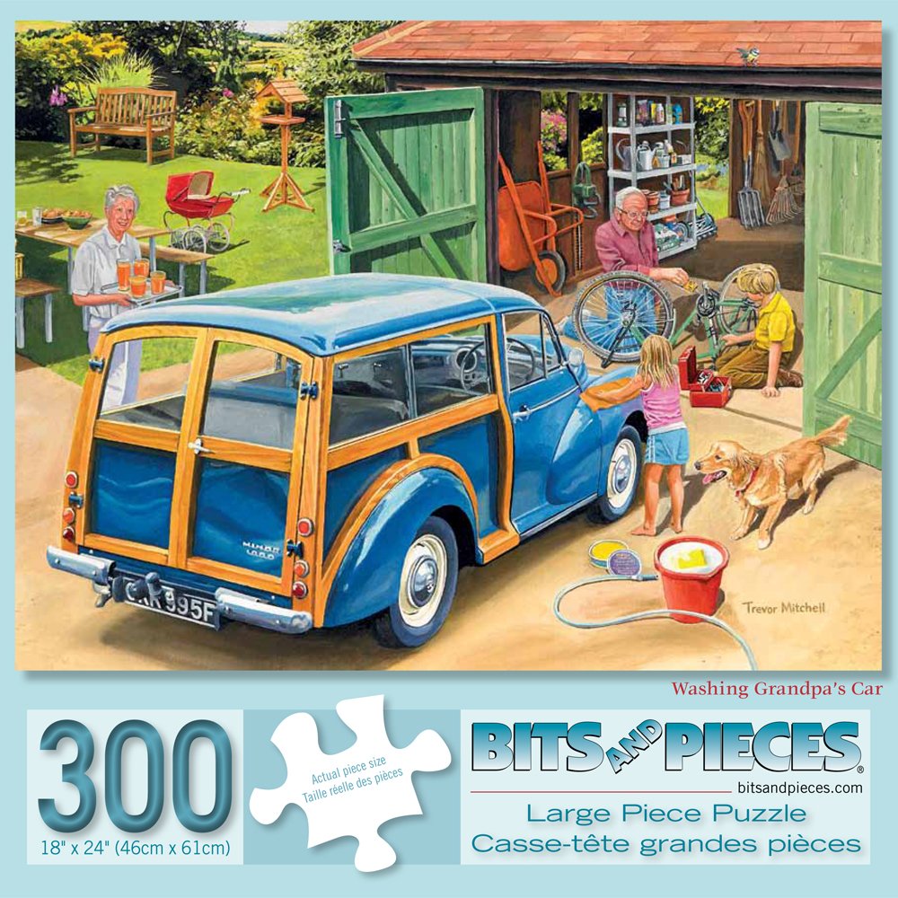 Bits and Pieces - Large 300 Piece Jigsaw Puzzle for Adults - Washing Grandpa's Car - Summer Scene Jigsaw Puzzle by Artist Trevor Mitchell, Completed