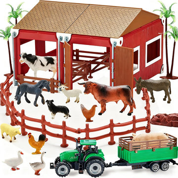 Mini Toy Barn Farm Toys Playset, 66PCS Plastic Farm Animals Figurines and Fence Farm Playset, Farm Figures Farmer Vehicle Toy Truck with Trailer