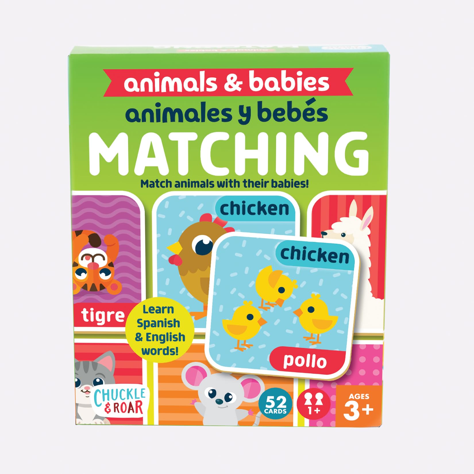 Chuckle & Roar Animals & Babies Memory Game - 52 Tiles, Bilingual, Ages 3+ - Parent & Baby Animal Matching - Preschool Games for Focus - Travel Toys