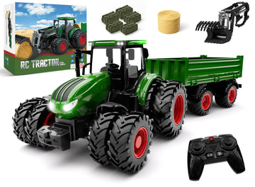 Uarzt Remote Control Tractor Toy with Trailer | Metal Front & Front Loader Farm Vehicle Set with Lights & 8-Wheel Design, RC Tractor Truck for Boys