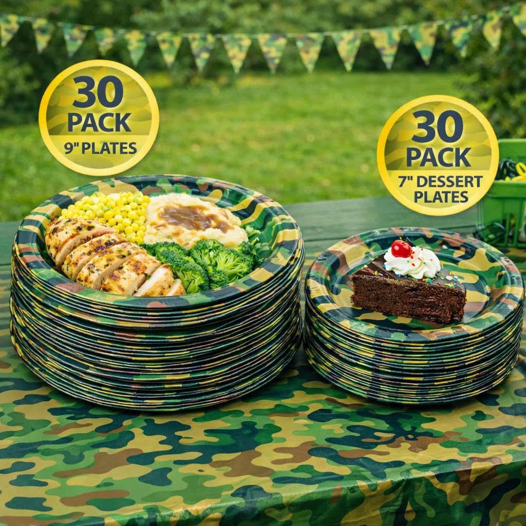 Oojami Camouflage Party Supplies for 30 Guests - Camo Birthday Decorations Set with 9" Dinner Plates, 7" Dessert Plates, 12 oz Cups, 3-Ply Napkins