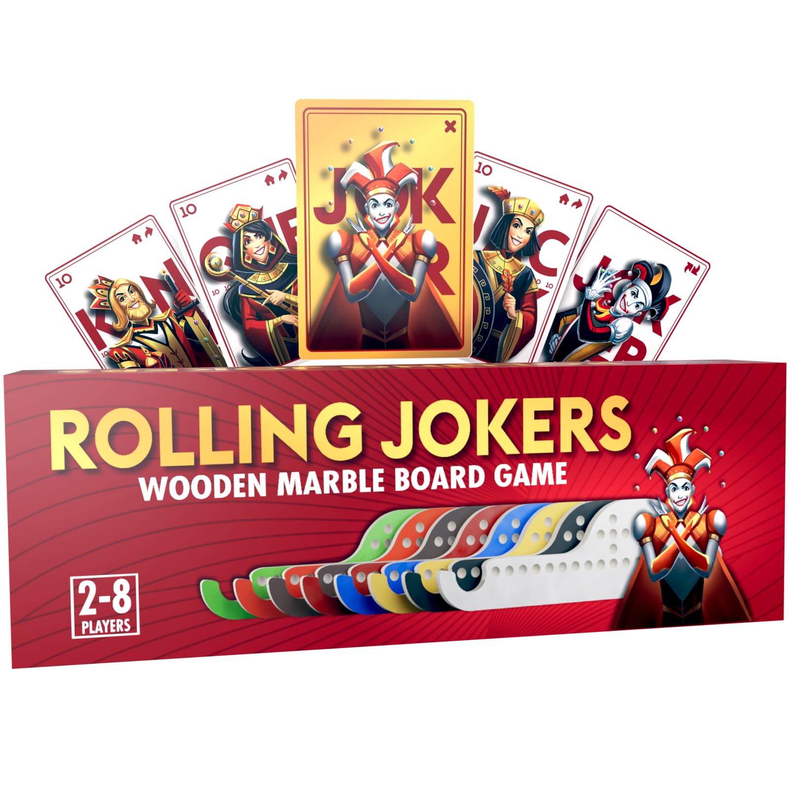 Nerkin Games Rolling Jokers 8-Player Edition Pegs and Jokers Board Game - Wooden Set for 2-8 Players - Adult Tabletop