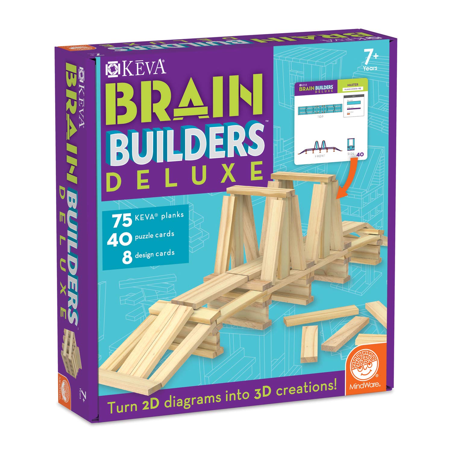 MindWare Keva Brain Builders Deluxe: STEM Building Toy Includes 75 KEVA Planks, 40 Puzzle Cards, 8 Design Cards, 3D Building Skills for Kids - Ages 7+