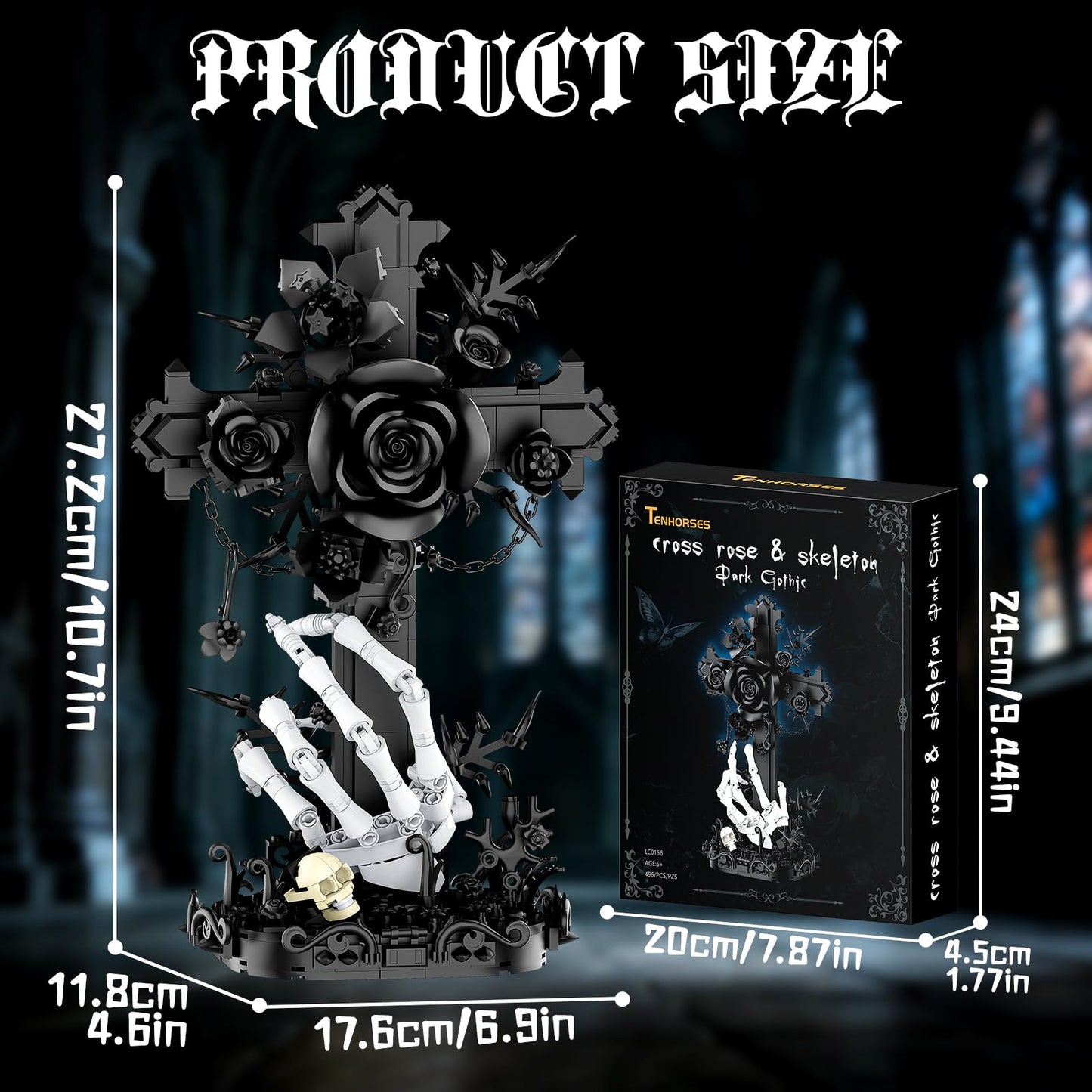 Tenhorses Gothic Cross Flower Building Set with Skull Hands, Crucifix Rose Skeleton Model, Dark Aesthetic Display Decor for Home Office, Halloween