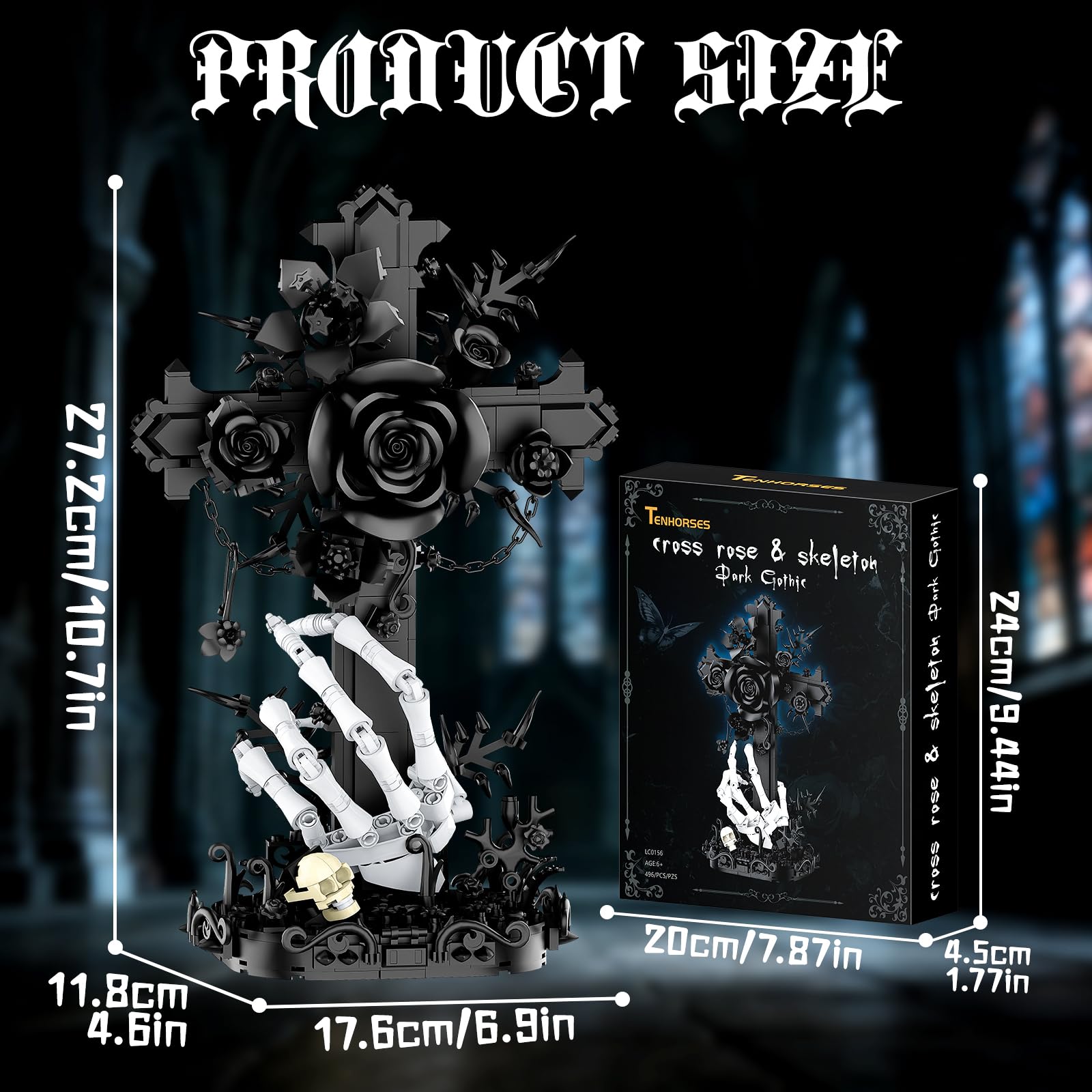 Tenhorses Gothic Cross Flower Building Set with Skull Hands, Crucifix Rose Skeleton Model, Dark Aesthetic Display Decor for Home Office, Halloween