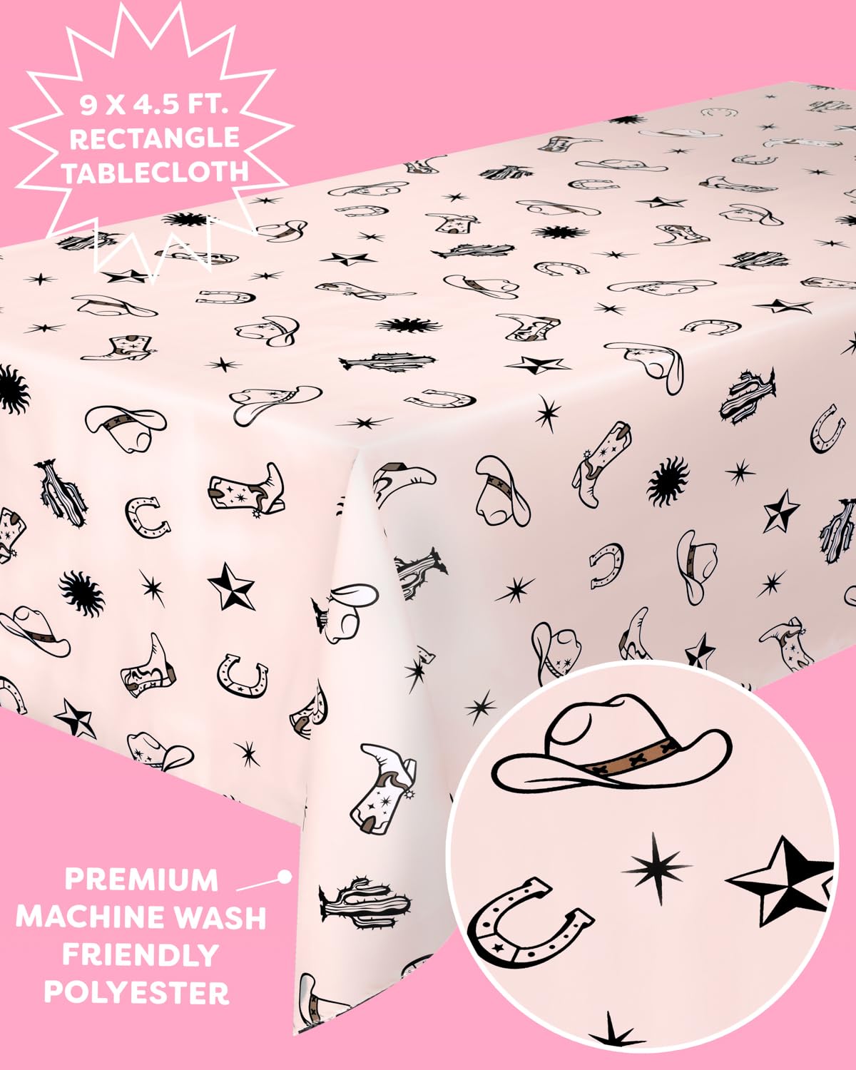 xo, Fetti Western Reusable Tablecloth | 9' x 4.5' | Rodeo Bachelorette Tablescape, Ranch Birthday Party Decoration, Cowgirl Table Decor, Cowboy Kids