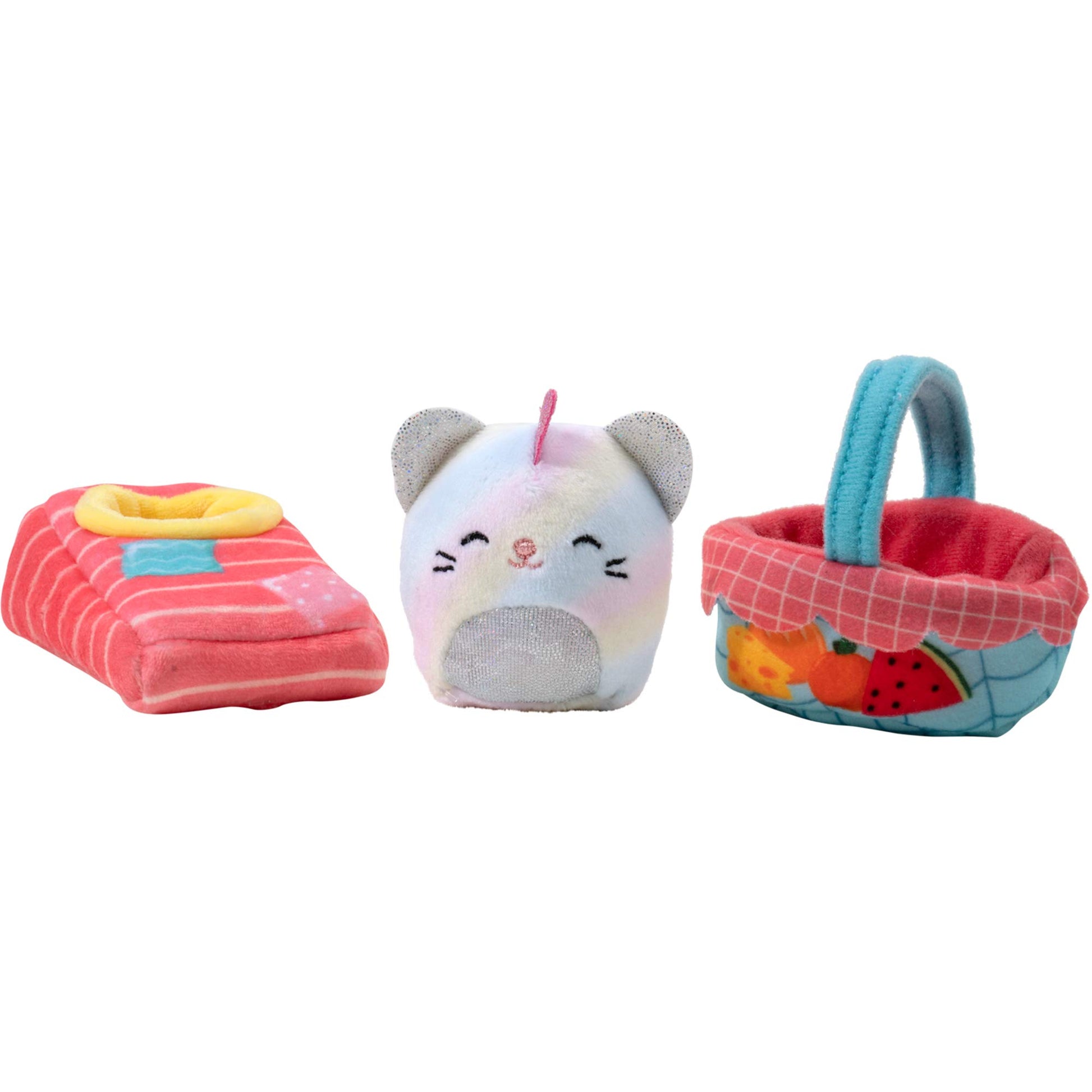 Squishville by Squishmallows Plush Room Accessory Set, 2” Camilla Mini-Squishmallow and 2 Plush Accessories, Marshmallow-Soft Animals, Picnic Toys