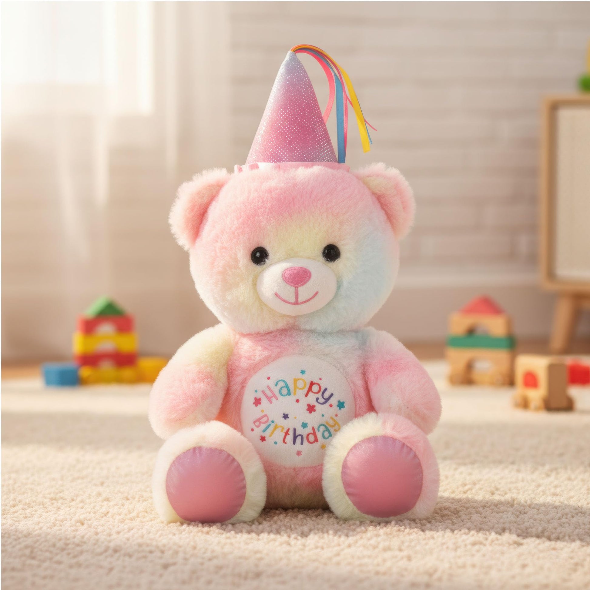 Linzy 8.5” Light Up Bear Stuffed Animal with Party Hat & Cupcake, Soft Musical Plush Toy with Magic LED Lights, Glowing Cute Plushie Teddy Bear