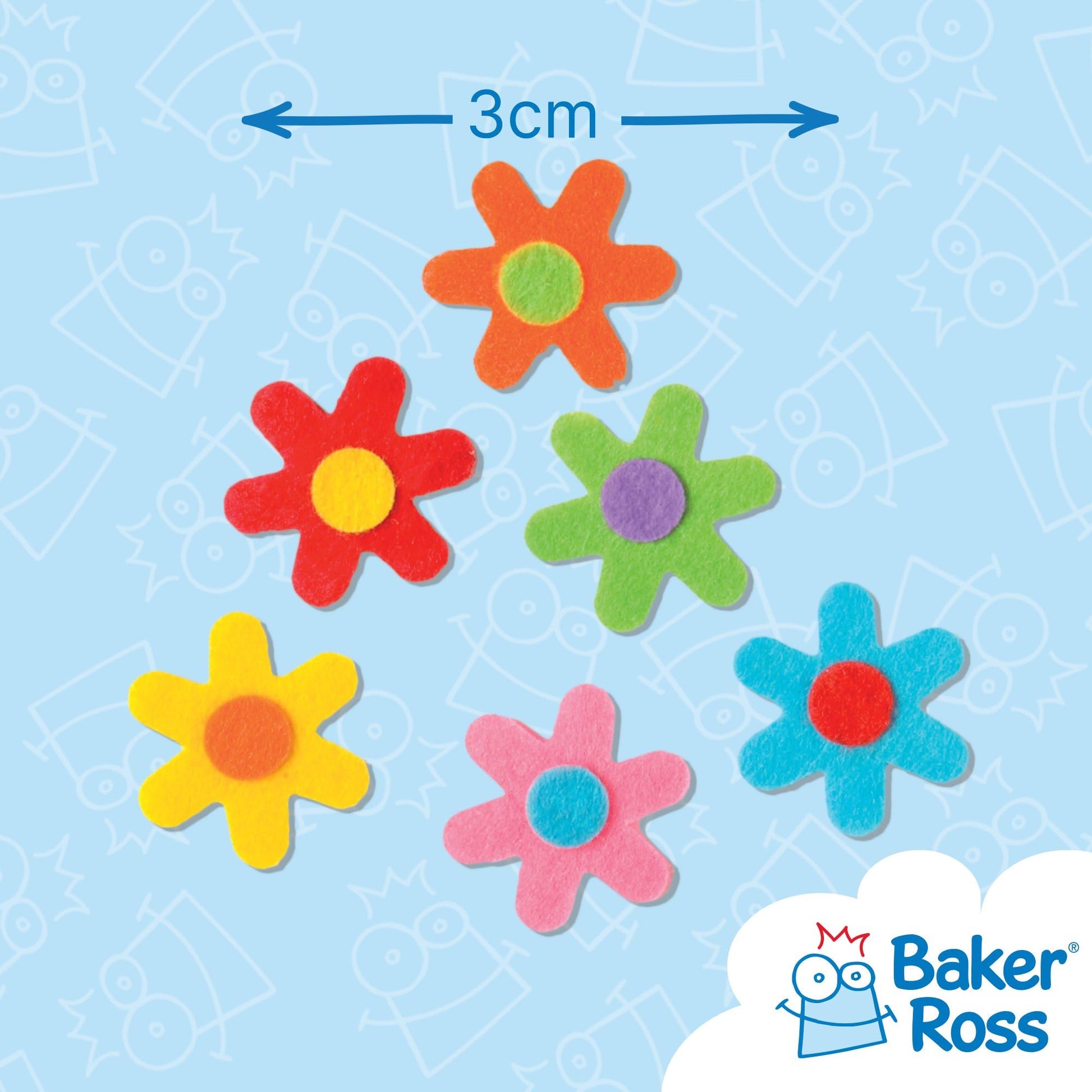 Baker Ross - EV1563 Self Adhesive Flower Felt Stickers, For Kids to Decorate Collage, Cards & Craft (Pack of 60), 3cm, Assorted