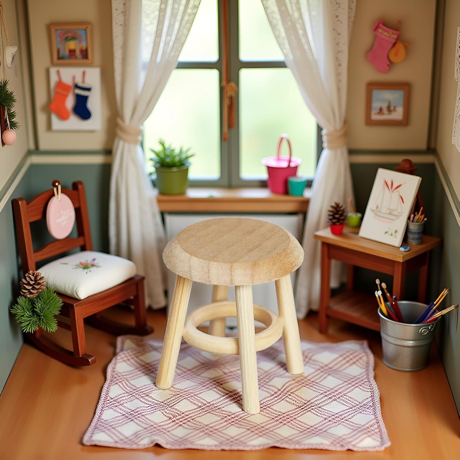2Pcs Miniature Wooden Stool, 1:12 Scale Furniture, DIY Living Room Accessories, Wooden Color Dollhouse Living Room, Dollhouse Accessories