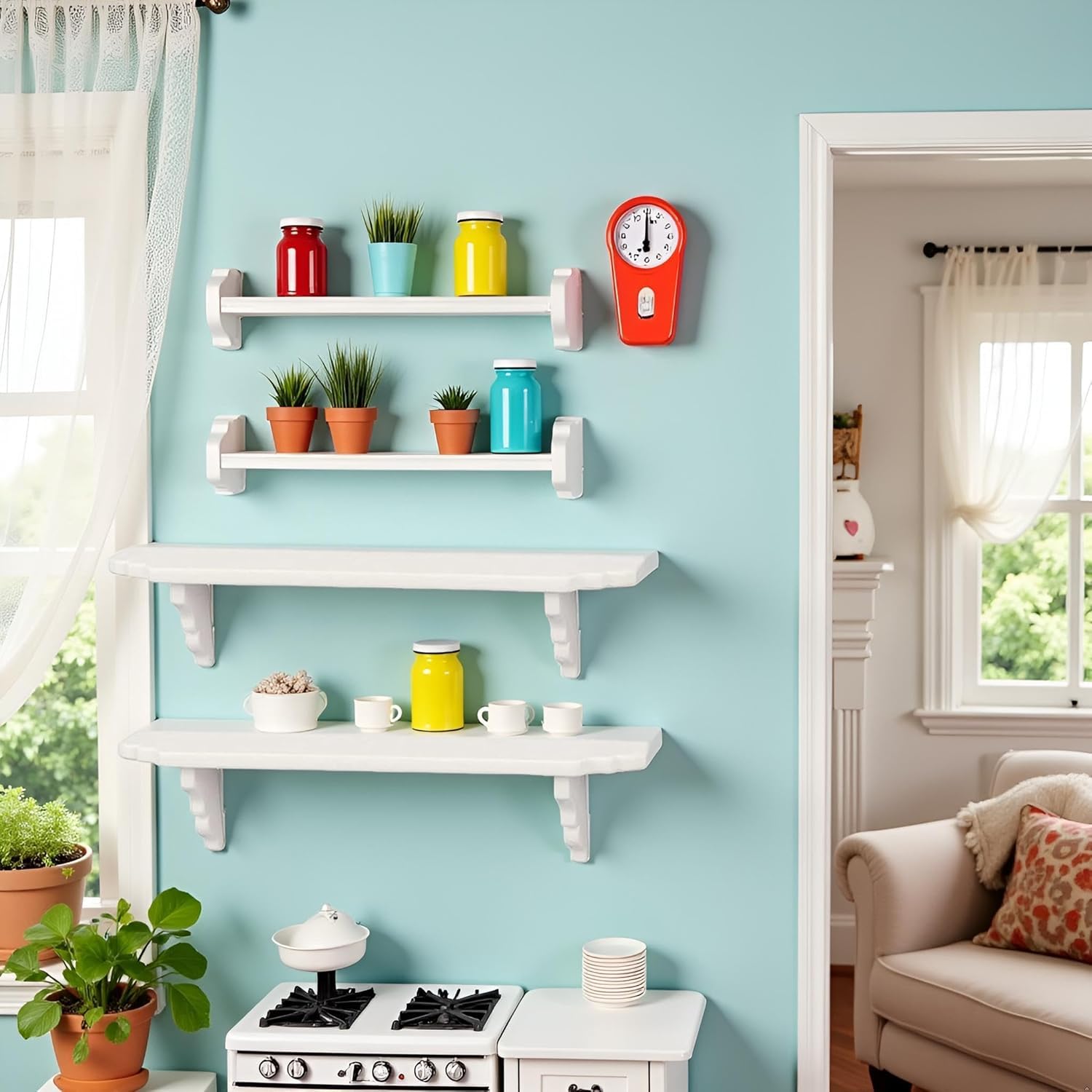 2Pcs White Dollhouse Wall Shelf,1:12 Scale Miniature Dollhouse Decor Accessories, Doll House Storage Wall Shelf for Kitchen Scene DIY Craft Ornament