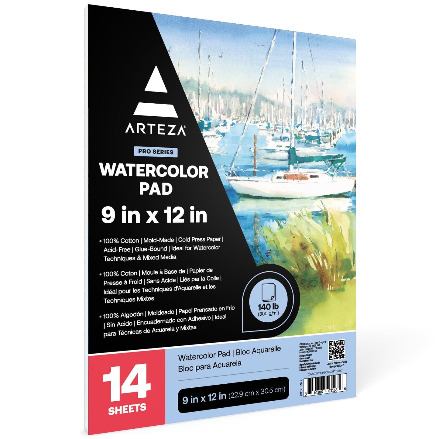 ARTEZA Watercolor Paper, 14 Sheets, 9x12 Inches Water Color Paper, 140lb/300gsm, 100% Cotton, Cold Press, Acid Free Art Paper