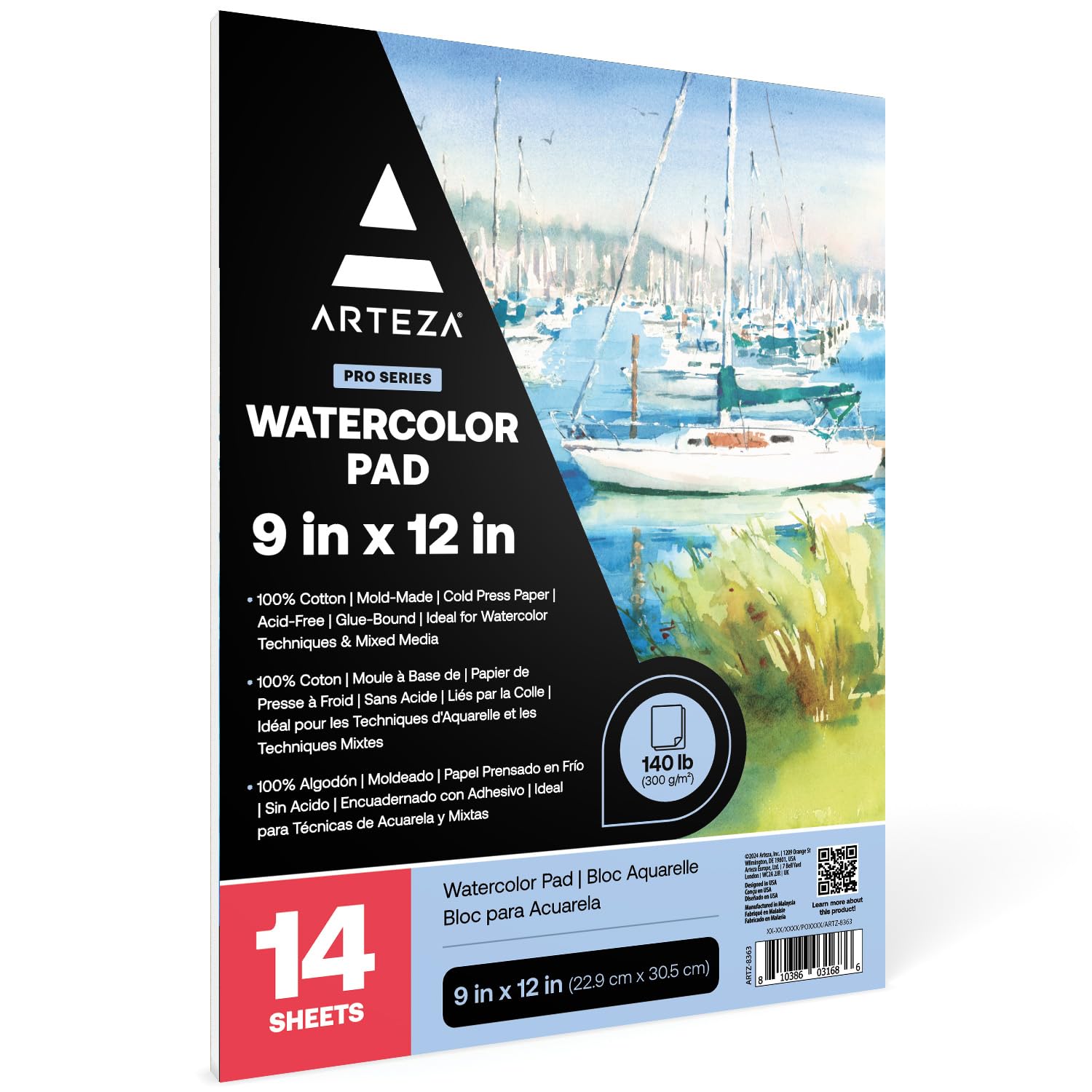 ARTEZA Watercolor Paper, 14 Sheets, 9x12 Inches Water Color Paper, 140lb/300gsm, 100% Cotton, Cold Press, Acid Free Art Paper
