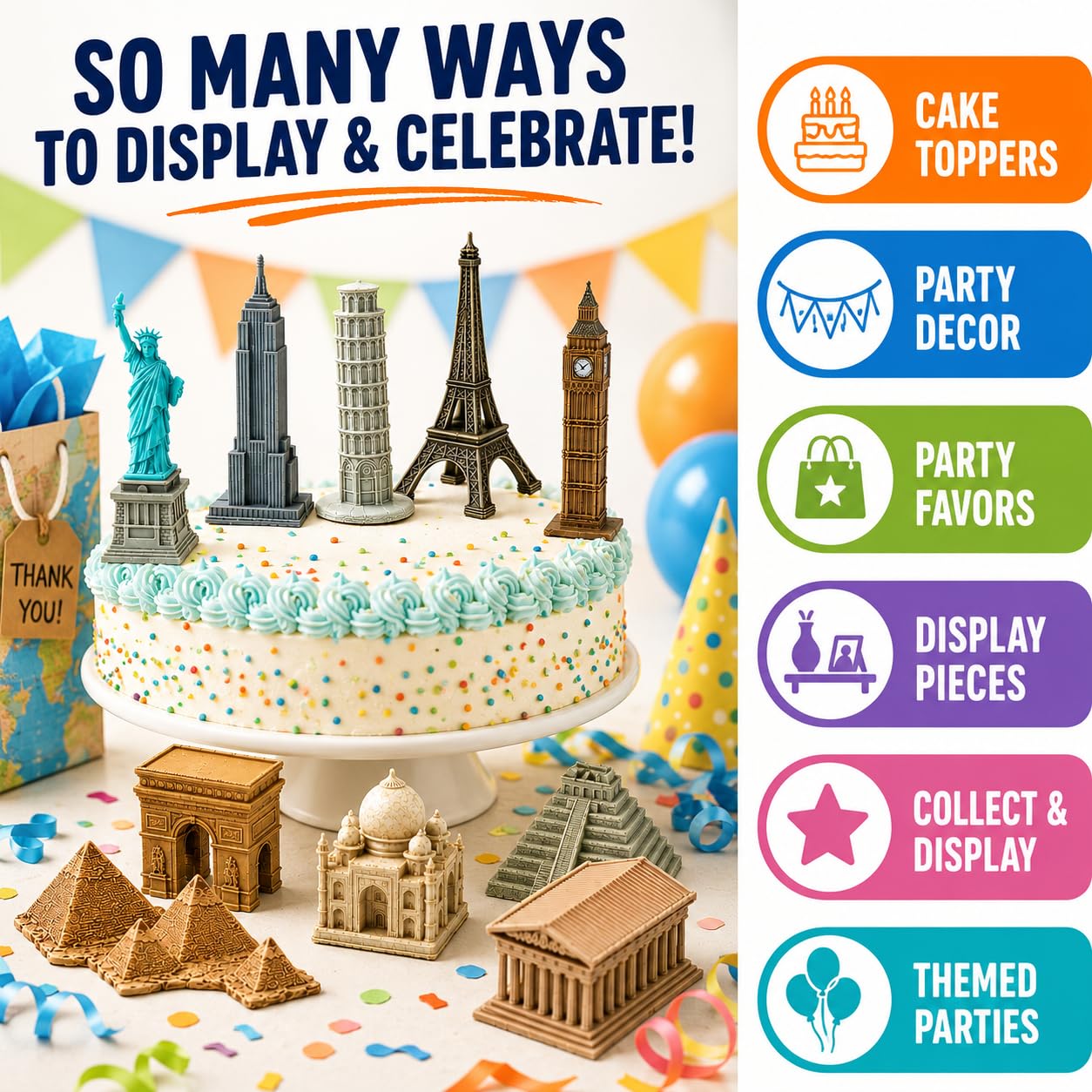 Safari Ltd. Around The World TOOB - 10 Figurines: Leaning Tower of Pisa, Eiffel Tower, Taj Mahal, Statue of Liberty, Giza Pyramids, & More