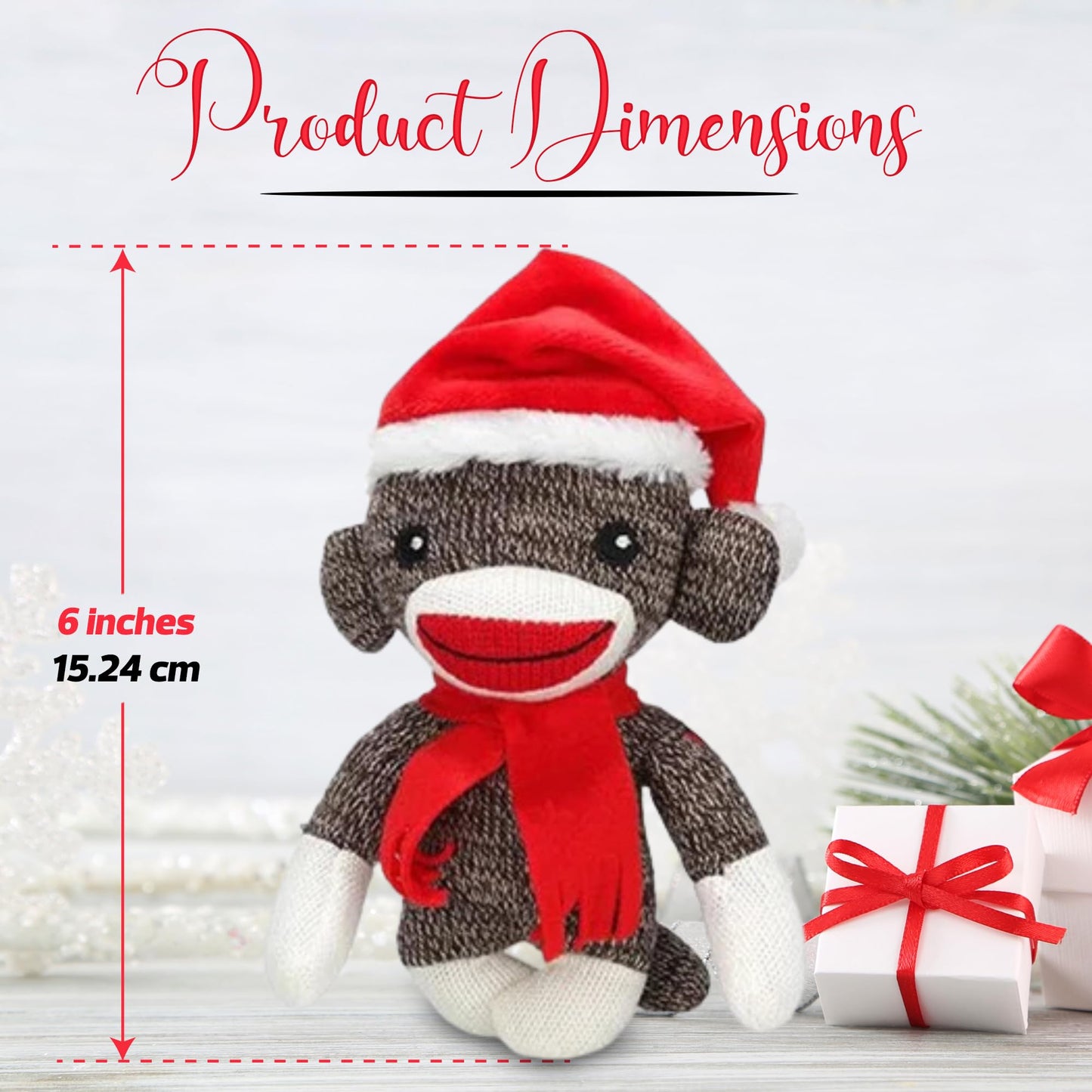 Plushland Sockiez Christmas Sock Monkey 6 Inches, with Santa Hat - Stuffed Animals Toy, Best Xmas Gift for Kids, Girls, Boys On This Holiday
