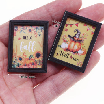 Set of 4 Miniature Framed Pictures, 1:12 Scale Wooden Wall Art for Dollhouse Decor, Realistic Themed Prints (Coastal Beach/Autumn Harvest) for Living