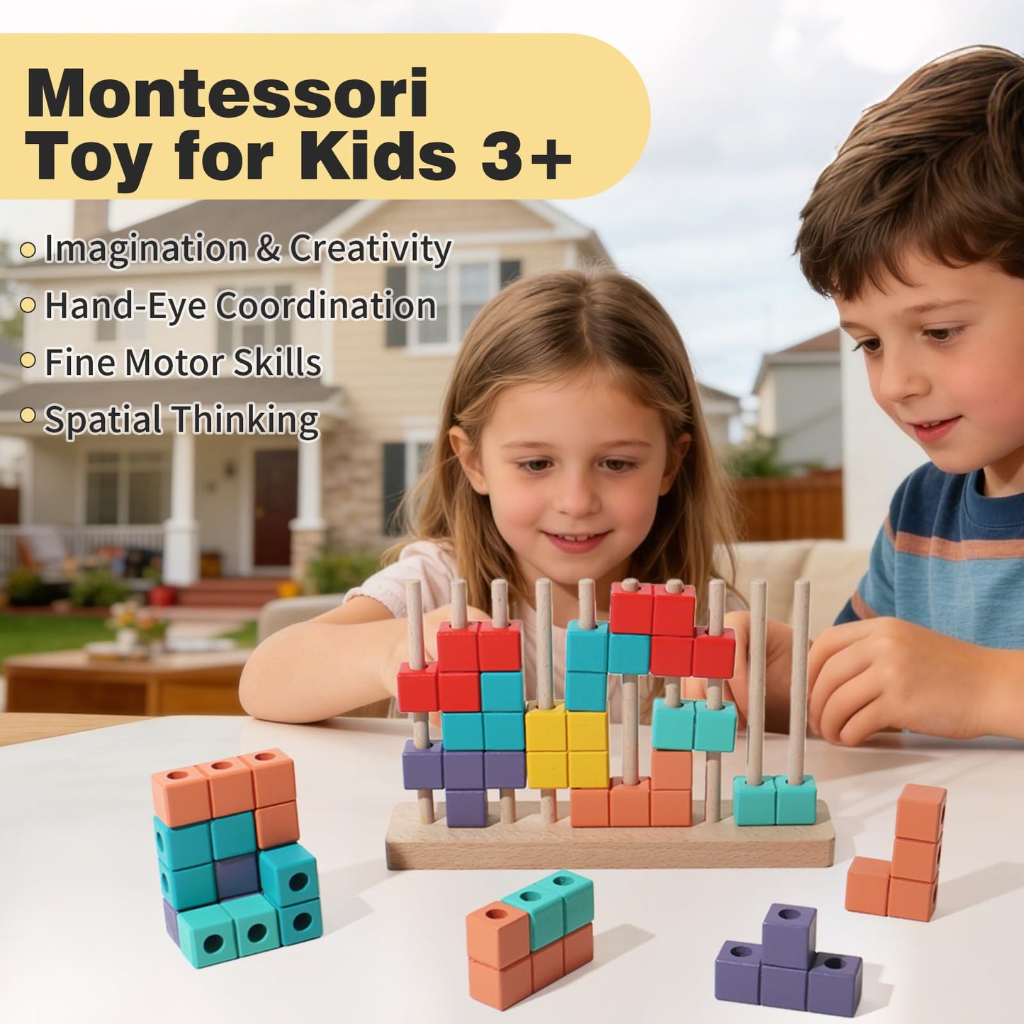 Wooden Block Puzzle, Montessori Toys Stacking Game, Preschool Educational Brain Teaser Puzzles for Toddlers and Kids Ages 3-5, Gift for Girls and Boys