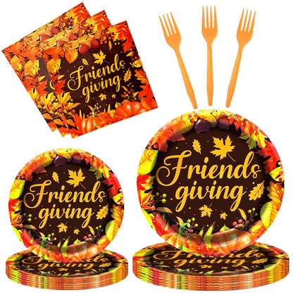 96 Pieces Friendsgiving Tableware Set Party Supplies - Fall Thanksgiving Pattern Disposable Dinnerware with Paper Plates, Napkins, Forks for Autumn