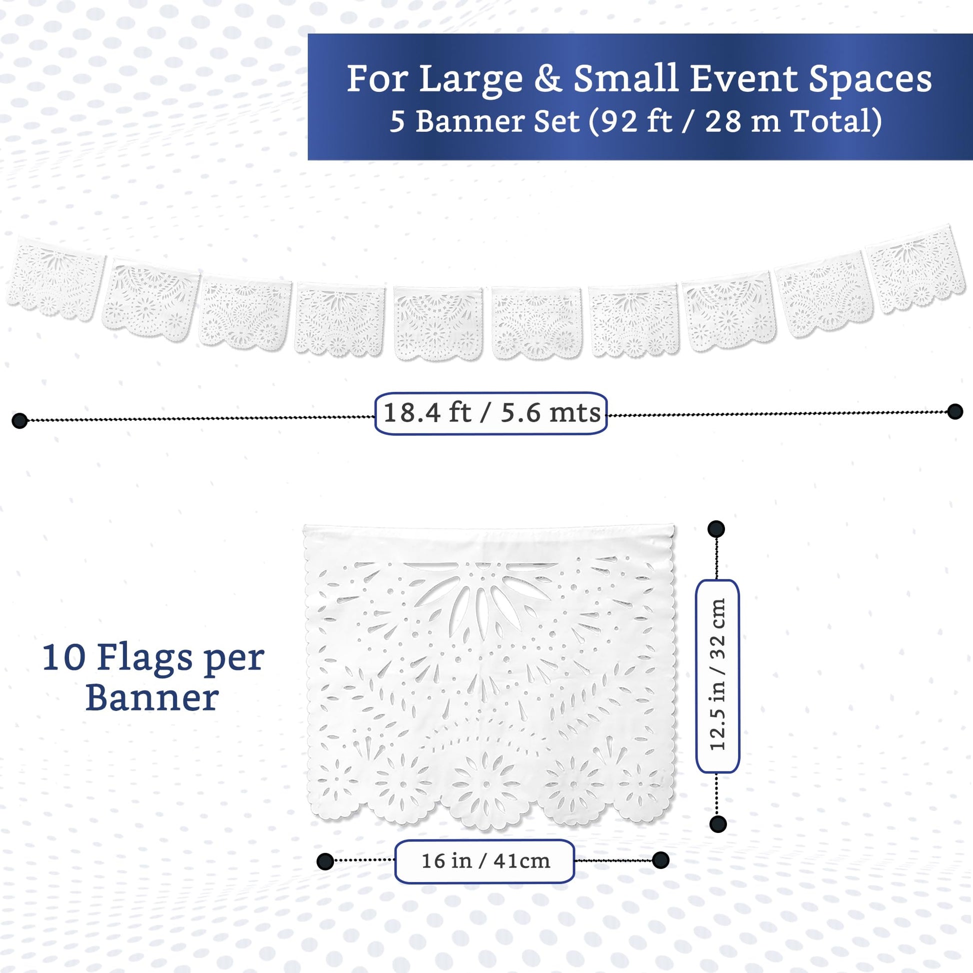 White Papel Picado Banner 5-pk - White Mexican Banner - Party Decorations