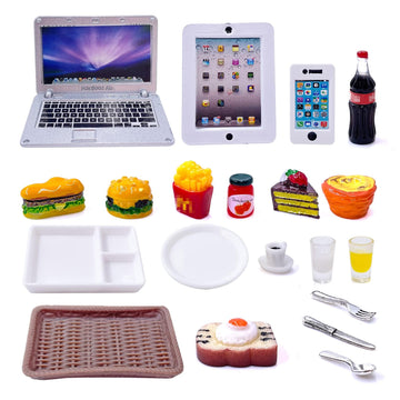 20Pcs Miniature Laptop Computer Tablet Toy Phone Pad and Hamburger Fries Cola Fast Food Cake Coffee Juice Fits Doll Accessories Scale Dollhouse