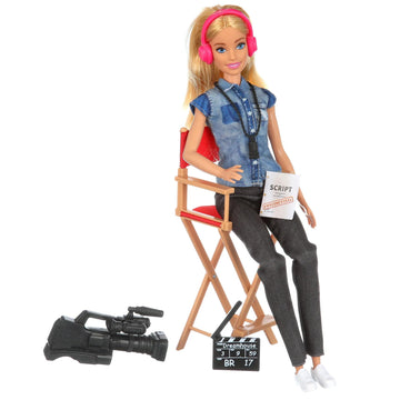 Box is Damaged- Barbie Film Director Doll “You Can Be Anything” Director Chair, Video Camera, Headphones, Script, Viewfinder & Clapperboard - Barbie