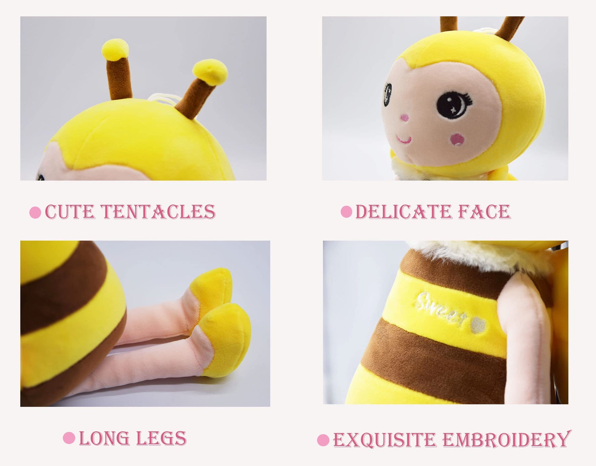 BABOLI Emotional Support Bee Stuffed Animal with Smile Face and Yellow Wings Soft Plush Fuzzy Bumblebee Toy Pillow Pretty Sweet Gifts for Honey Kids