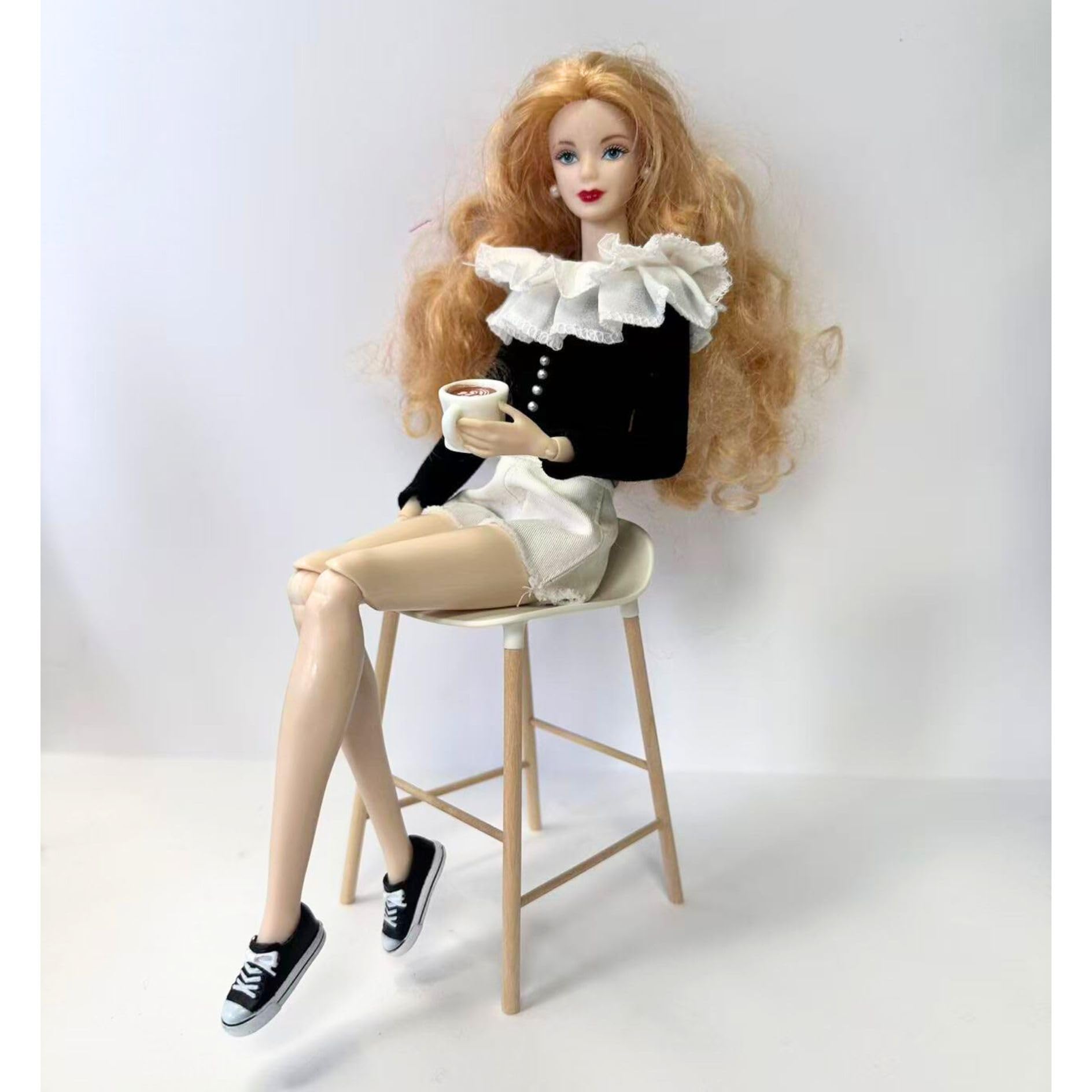 1/6 Scale Miniature Outfit Set, Black Long Sleeve Top with White Shorts