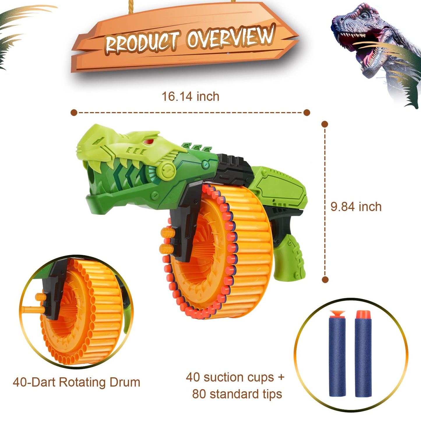 Toy Gun Toy Foam Blasters with 120 Foam Bullets, 40-Dart Rotating Drum, Foam Dart Gun Shooting Game for Indoor Outdoor Activity, Dinosaur Toys