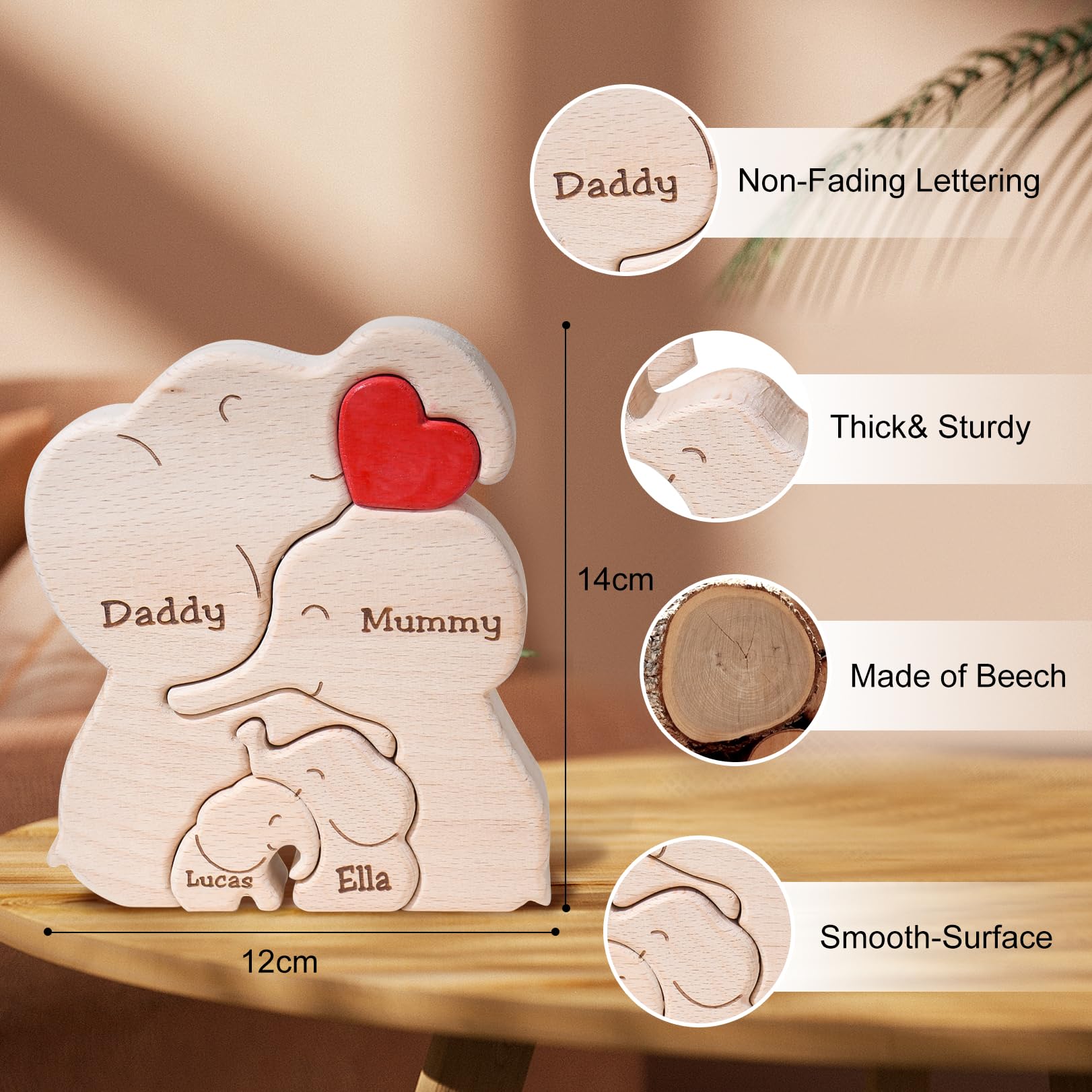 JOBFLY Wooden Mommy Elephant Family Puzzle with 2-6 Family Name