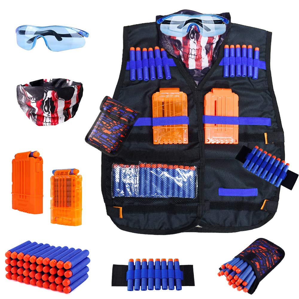 Kids Tactical Vest Kit for Nerf Guns N-Strike Elite Series with 40 Bullets Refill Darts, 2 Reload Clips, Dart Pouch, Tactical Masks, Hand Wrist Band
