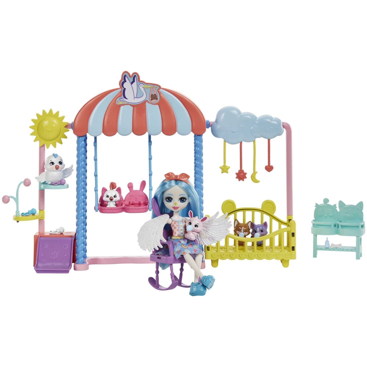 Enchantimals Doll and Accessories, Darling Daycare Playset, Starley Stork Doll, Bouncer and 4 Baby Bestie Animal Figures, Crib and More, Baby Best