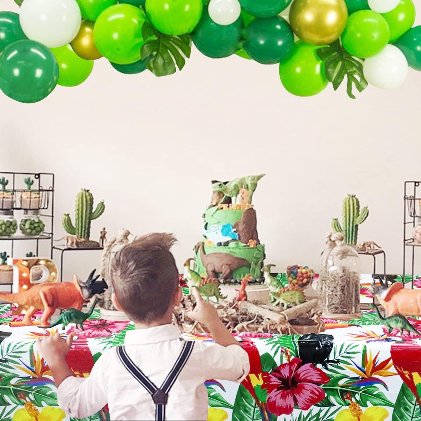 4 Pack Hawaiian Luau Tablecloths - 86.6”x51.2” Disposable Plastic Tropical Palm Leaf Tablecloths for Hawaiian Party Decorations, Jungle Safari Theme