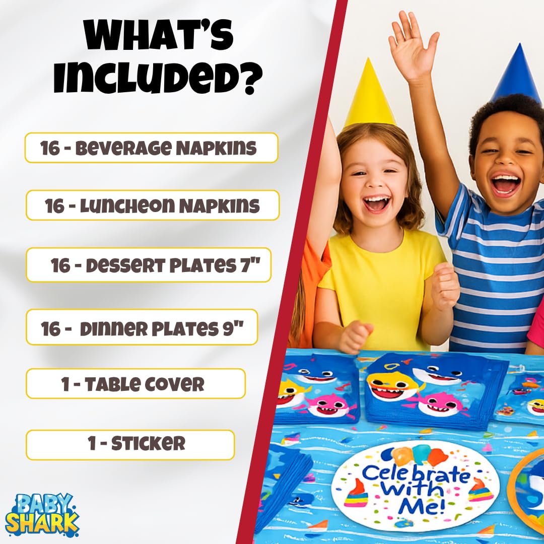 Unique Baby Shark - Party Supplies and Decorations Bundle | Serves 16 Guests | Includes Plates, Napkins, Table Cover & Stickers | Playful Baby Shark