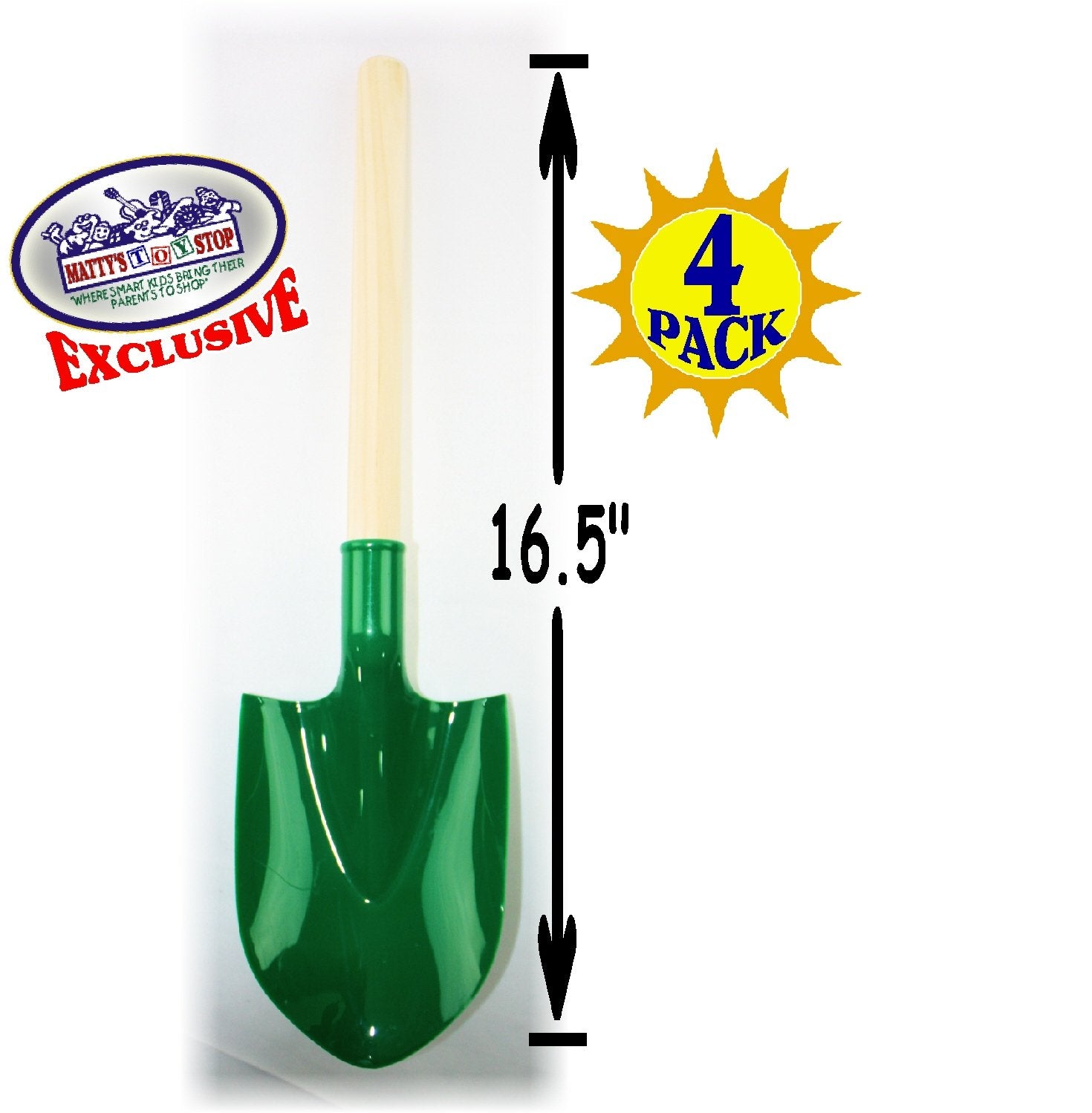Matty's Toy Stop 16.5" Wooden Mini Sand Shovels for Kids with Plastic Spade (Red, Blue, Green & Yellow) Complete Gift Set Party Bundle - 4 Pack