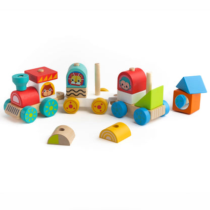 Jasey's Toy Chest Animal Friends Wooden Stacking Train | 16-Piece Train Set with 3 Interlocking Cars, 12 Colorful Double-Sided Animal Blocks |