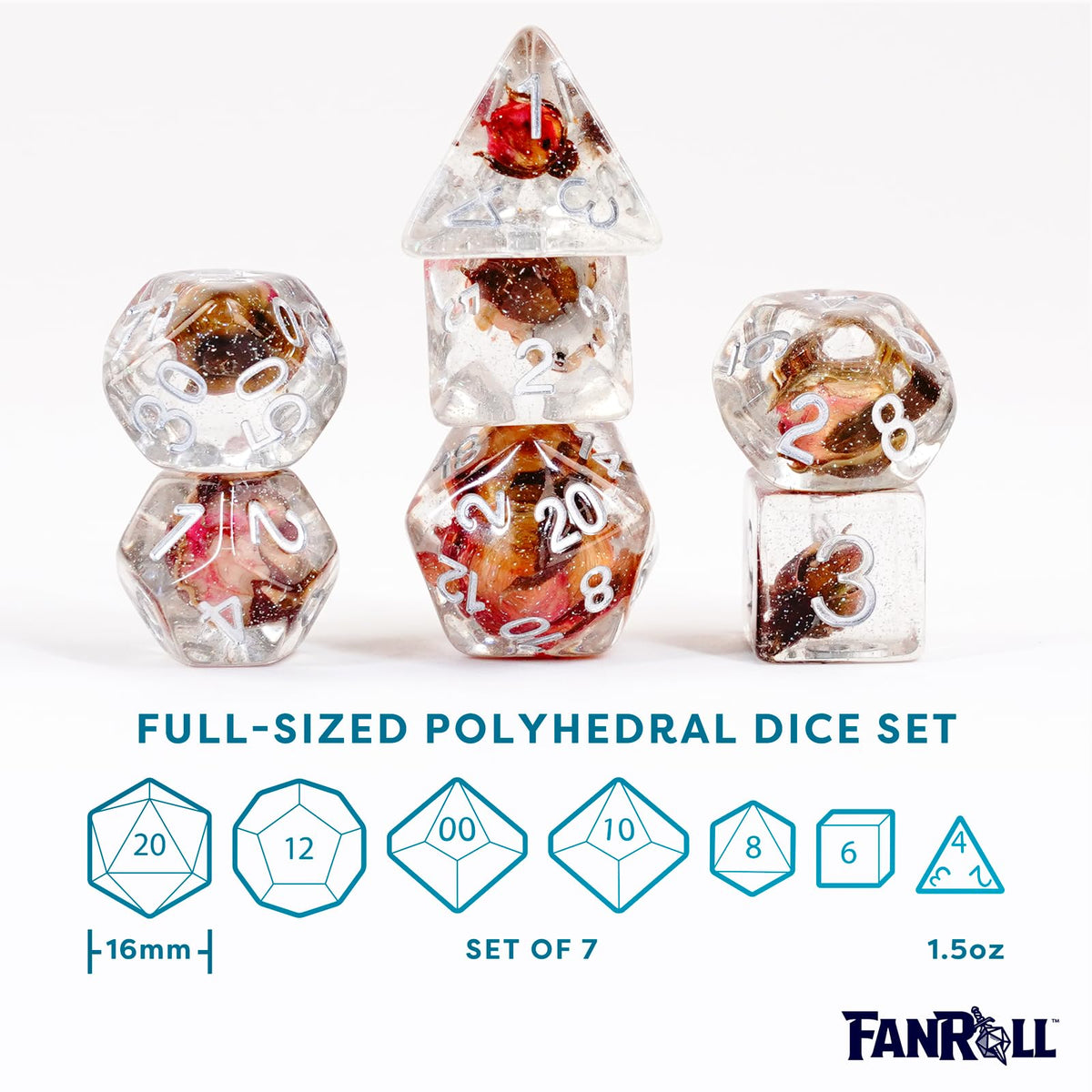 FanRoll 16mm Resin Poly DND Dice Set: Rose Dice, Role Playing Game Dice for Dungeons and Dragons