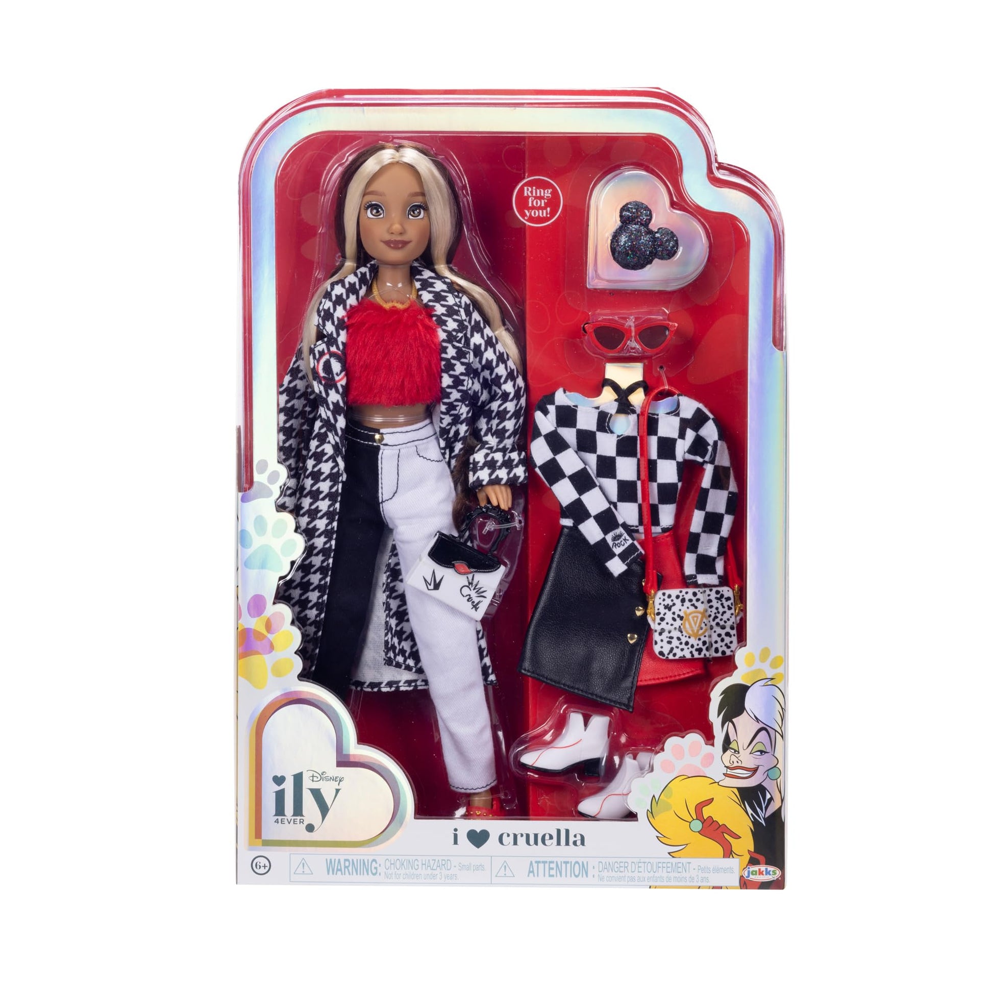 Disney ILY 4EVER Dolls Cruella 11.5" Tall with 13 Points of Articulation, Two Complete Mix-and-Match Outfits and Glittery Mickey Ring for You!