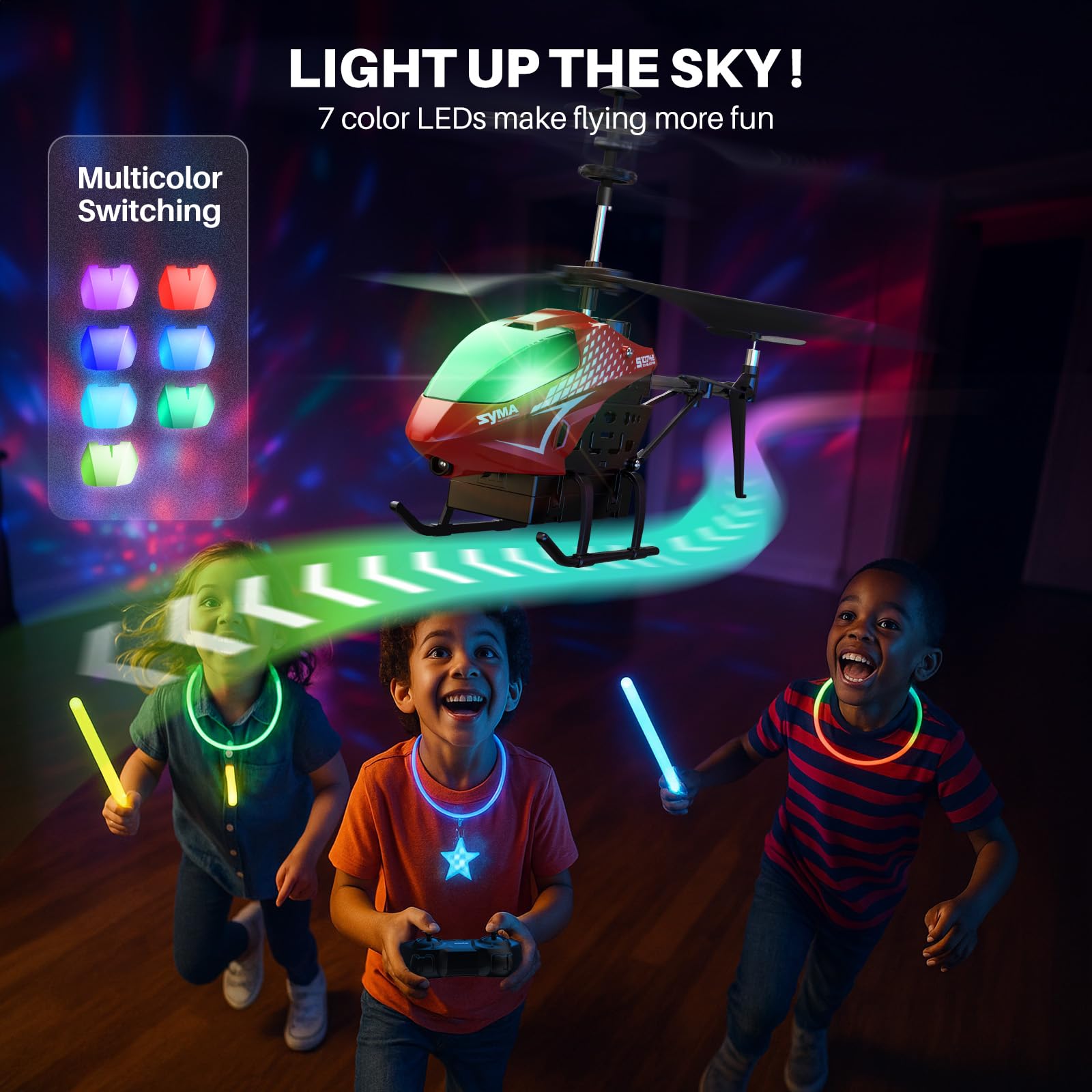 SYMA RC Helicopter for Kids, 7-Color LED Lights, 40 Min Flight Time, Red