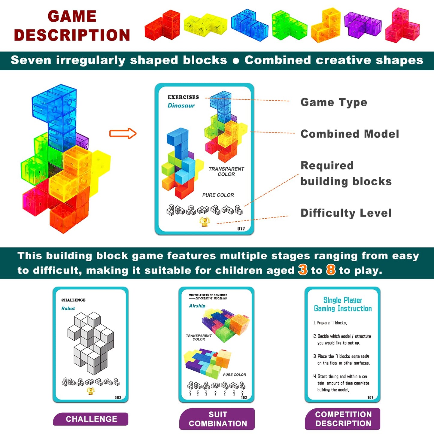 OUXIA Magnetic Building Blocks Magic Magnetic 3D Puzzle Cubes, Set of 7 Multi Shapes Magnetics Blocks with 54 Guide Cards, Children's Educational Toys