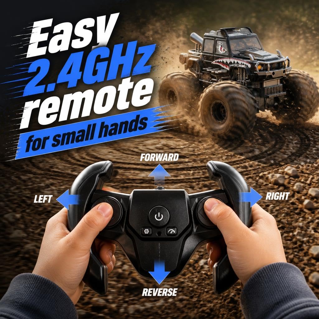 WhizzRC Amphibious Remote Control Car, 1:18 4WD Waterproof Shark Monster Truck, 2.4GHz RC Stunt Car with 360 Spins, Rechargeable Pool & All-Terrain