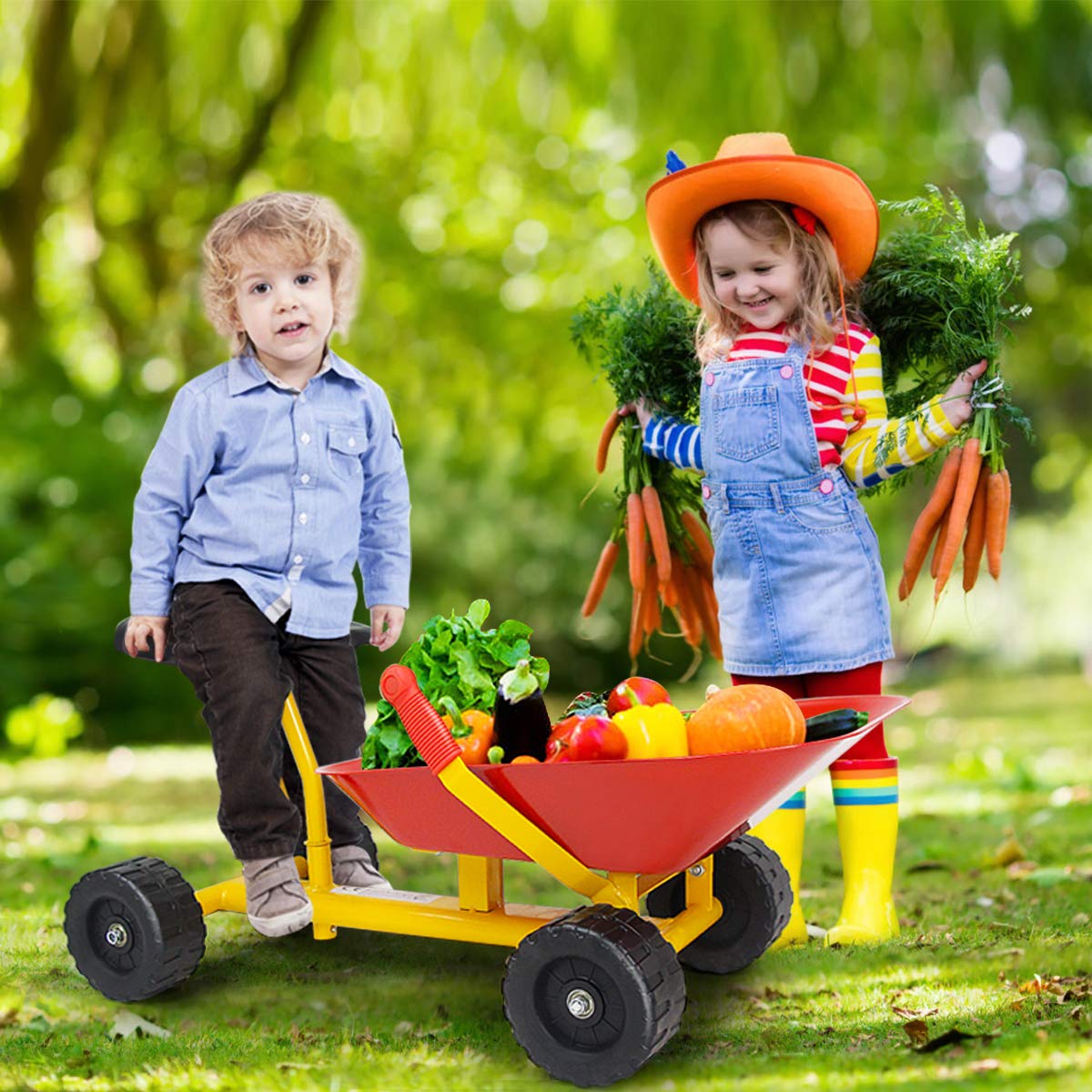 HONEY JOY Ride On Sand Dumper for Kids, Outdoor Garden Dump Cart Wheelbarrow w/8 Inch Wheels, Heavy Duty Steel Sit On Pulling Wagon Play Toy for Boys