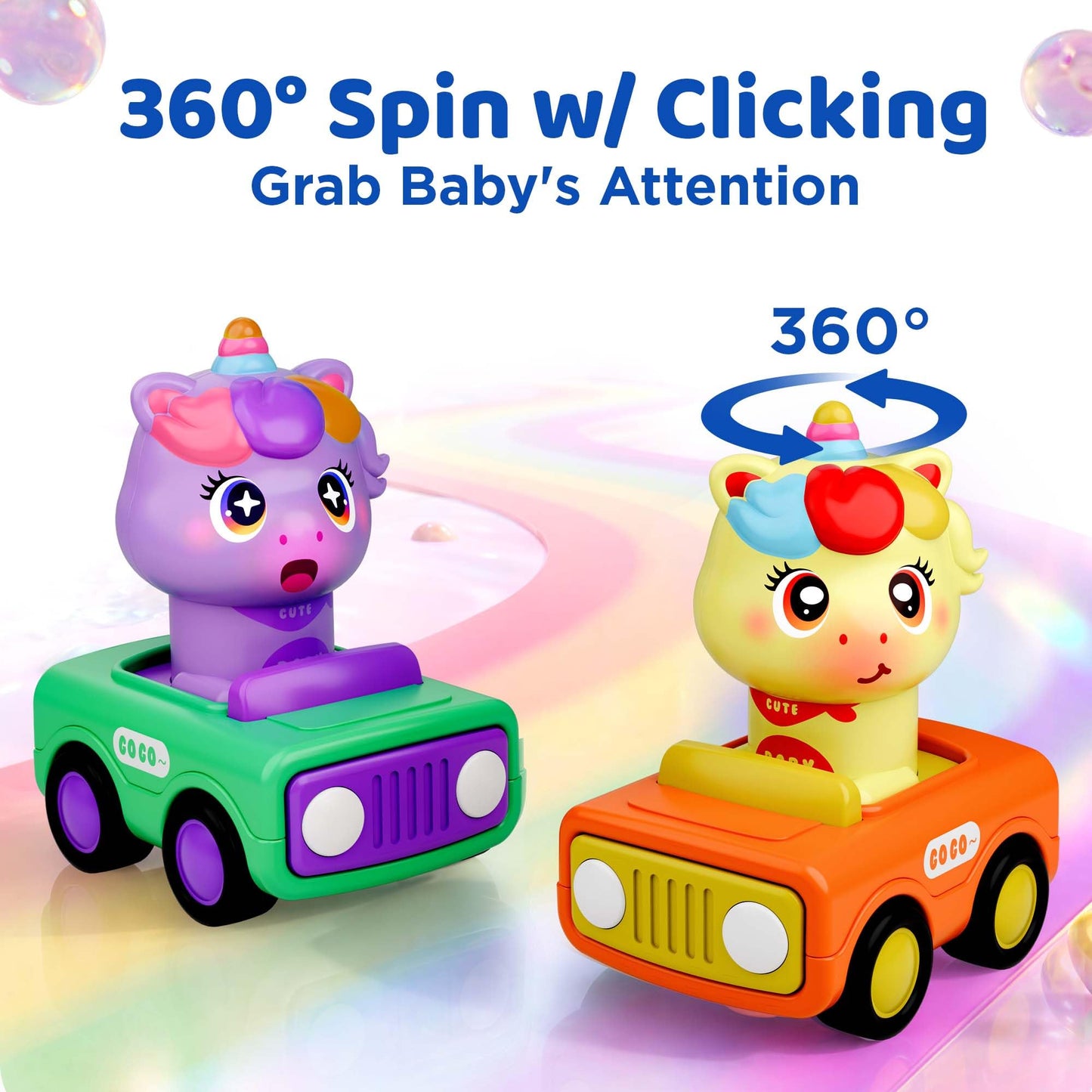 iPlay, iLearn Press to Go Unicorn Car Toys for Toddler 1-3, Baby Animal Racing Cars, Infant Girl Push Go Friction Toy, Kids Play Vehicle for 12 18 24
