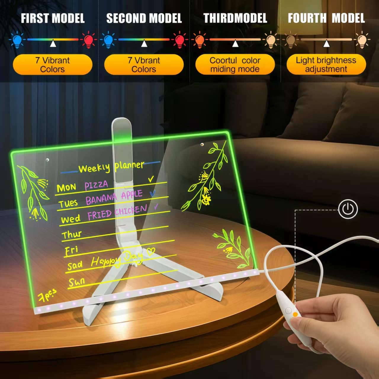 LED Drawing Board with 7-Colors,Equipped with Stand,8 Colored pens (with Eraser Caps),Sketchbook,Adapter, Hook, Chain, Spray Bottle, Cloth