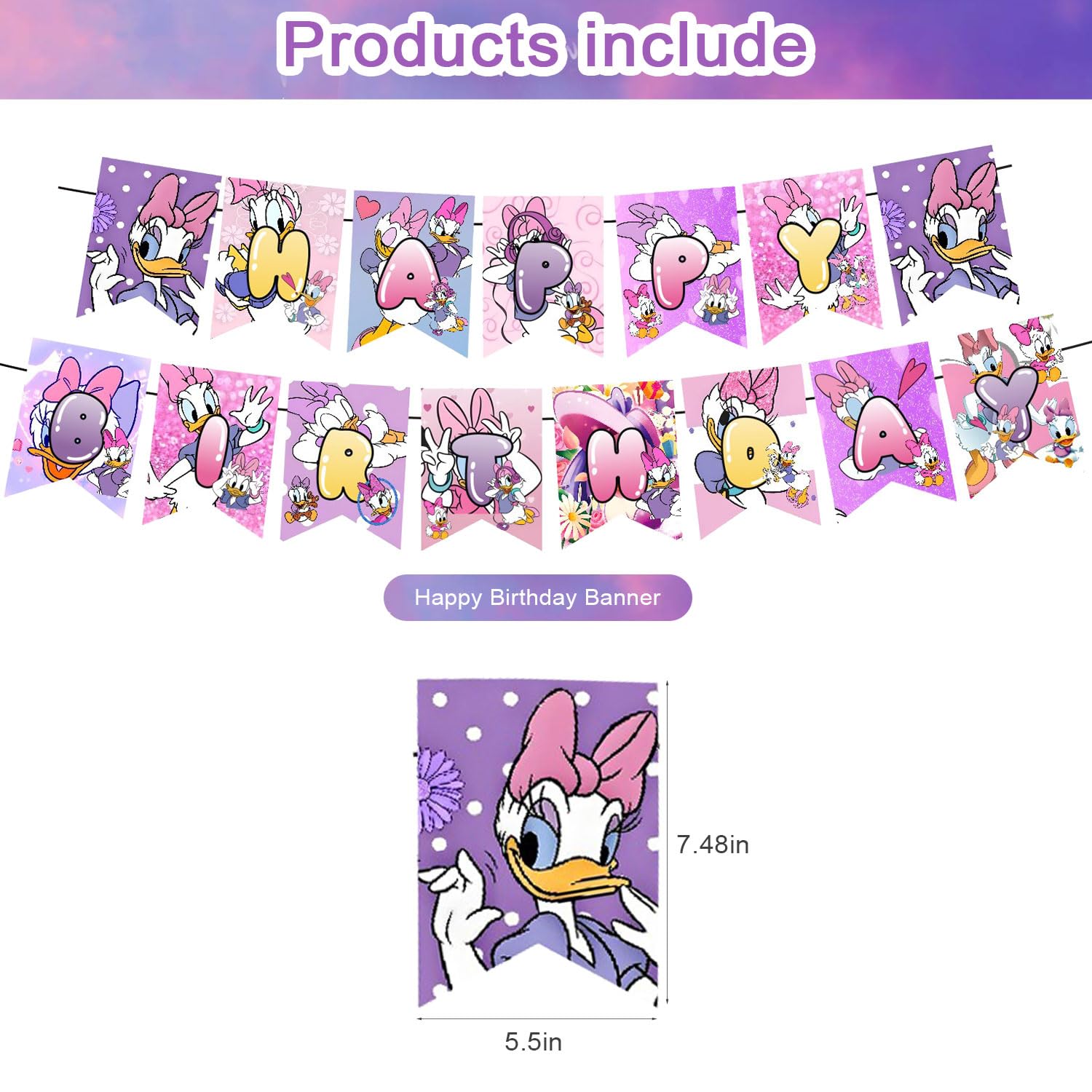Daisy Duck Party Decoration Set - Movie Theme Banner, Cake Topper, Latex Balloons for Fan's Birthday Supplies