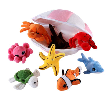 Plush Soft Stuffed Ocean Sea Animals Playset with Plush Shell Package House for Storage Includes Stuffed Turtle, Lobster, Crab, Dolphin, Stingray